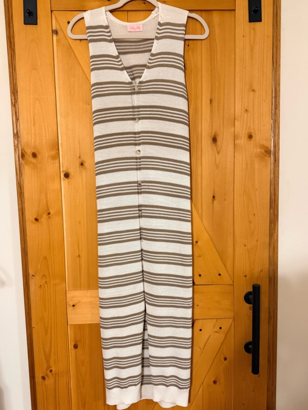 Pink Lily Striped Knit Sleeveless Midi Dress in White & Taupe